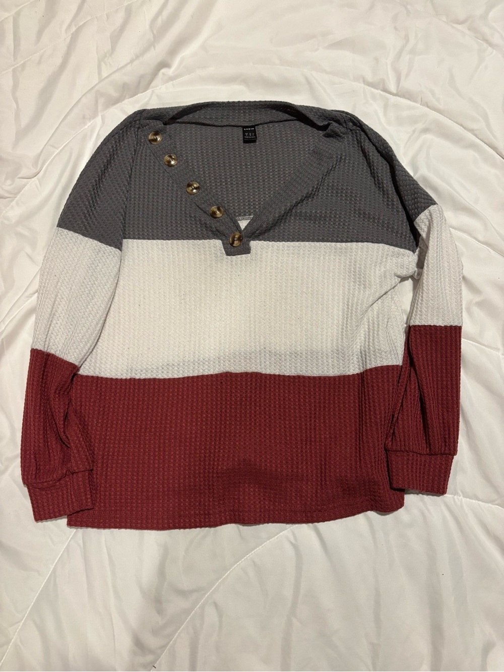 SHEIN Grey, White and Red Waffle Knit Sweater Top with fashion buttons Size M